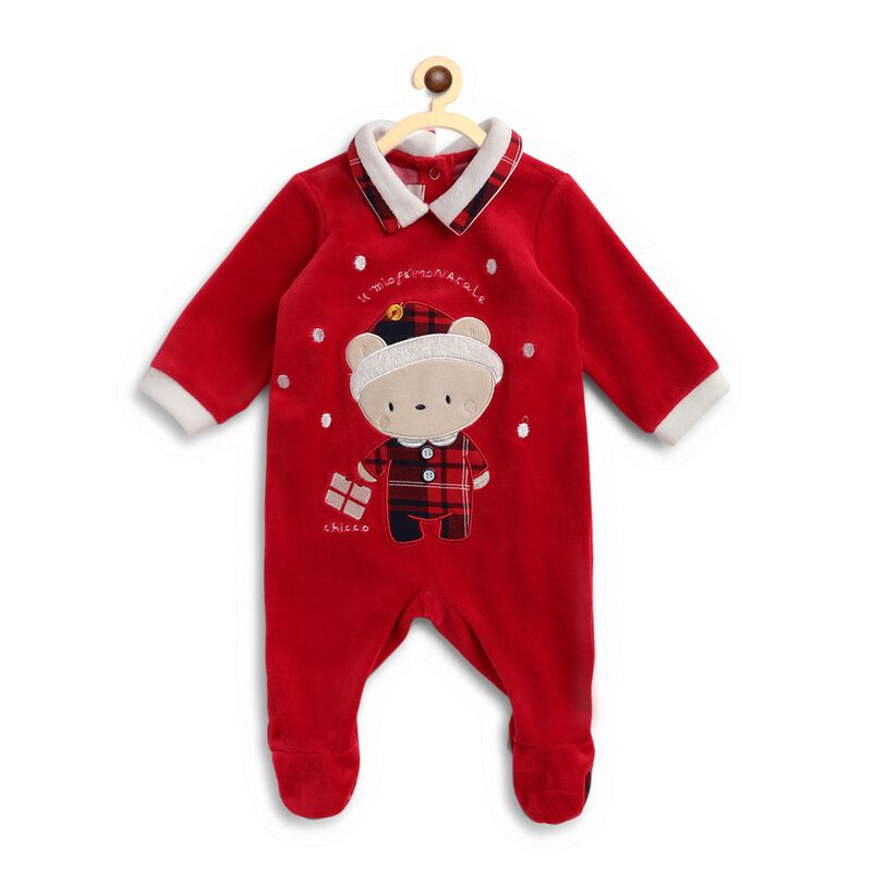 Boys Medium Red Velour Nappy Opening Babysuit image number 0
